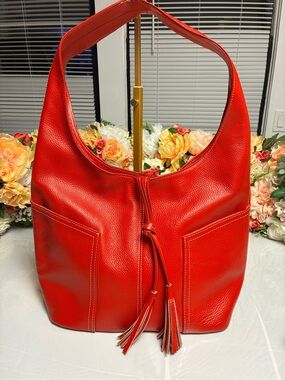 LAGGO Andrea Pebbled Leather Hobo Shoulder Bag Red Tassel Front Pockets Large